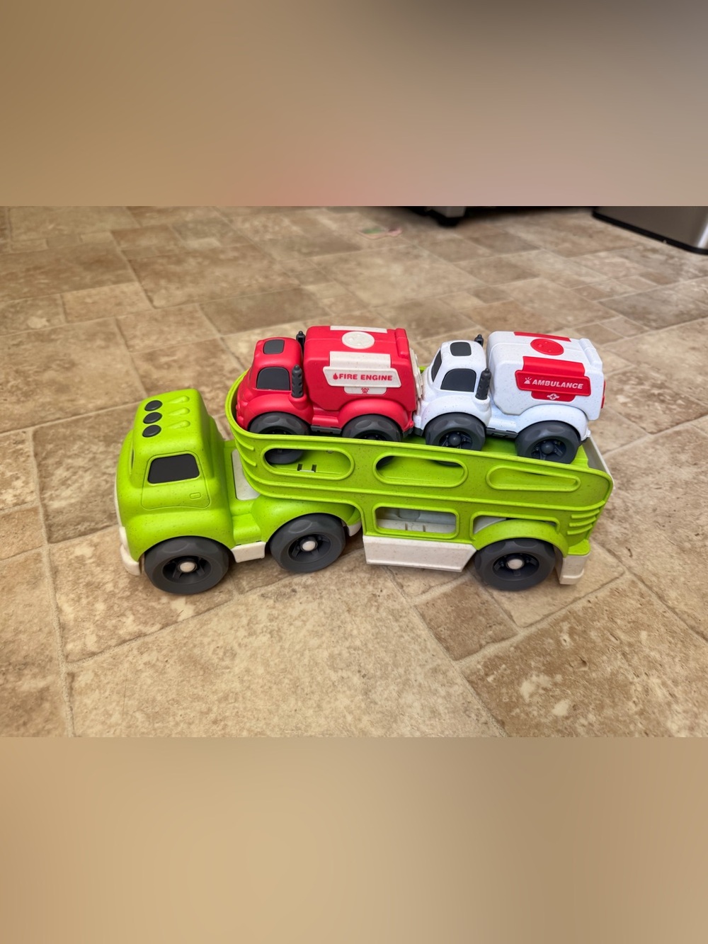Green Toy Car Carrier Truck with Red Fire Engine & White Ambulance